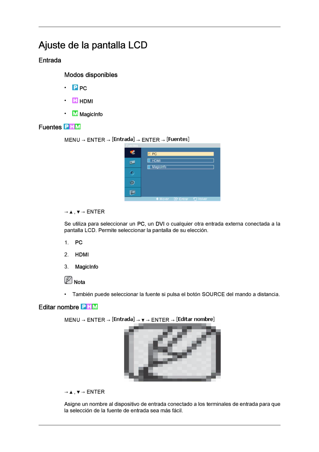 Samsung LH23PTVMBC/EN, LH23PTSMBC/EN, LH23PTRMBC/EN Entrada Modos disponibles, Fuentes, Editar nombre, MagicInfo Nota 