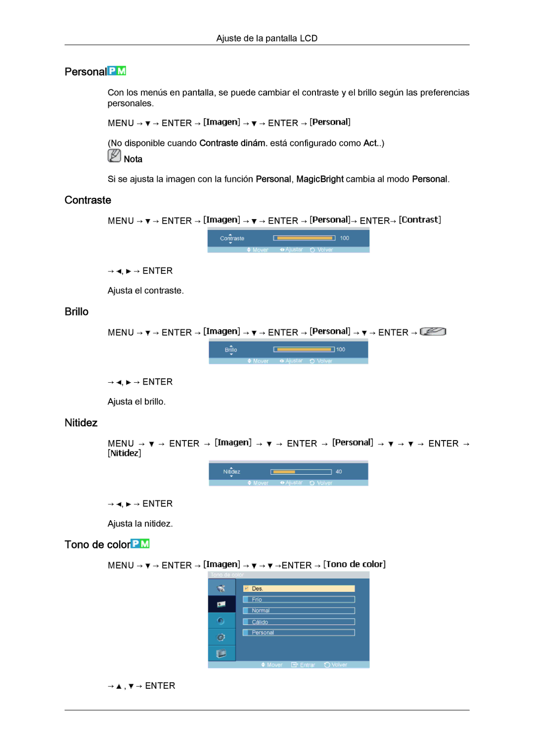 Samsung LH23PTSMBC/EN, LH23PTRMBC/EN, LH23PTVMBC/EN, LH23PTTMBC/EN manual Personal, Contraste, Brillo, Nitidez, Tono de color 