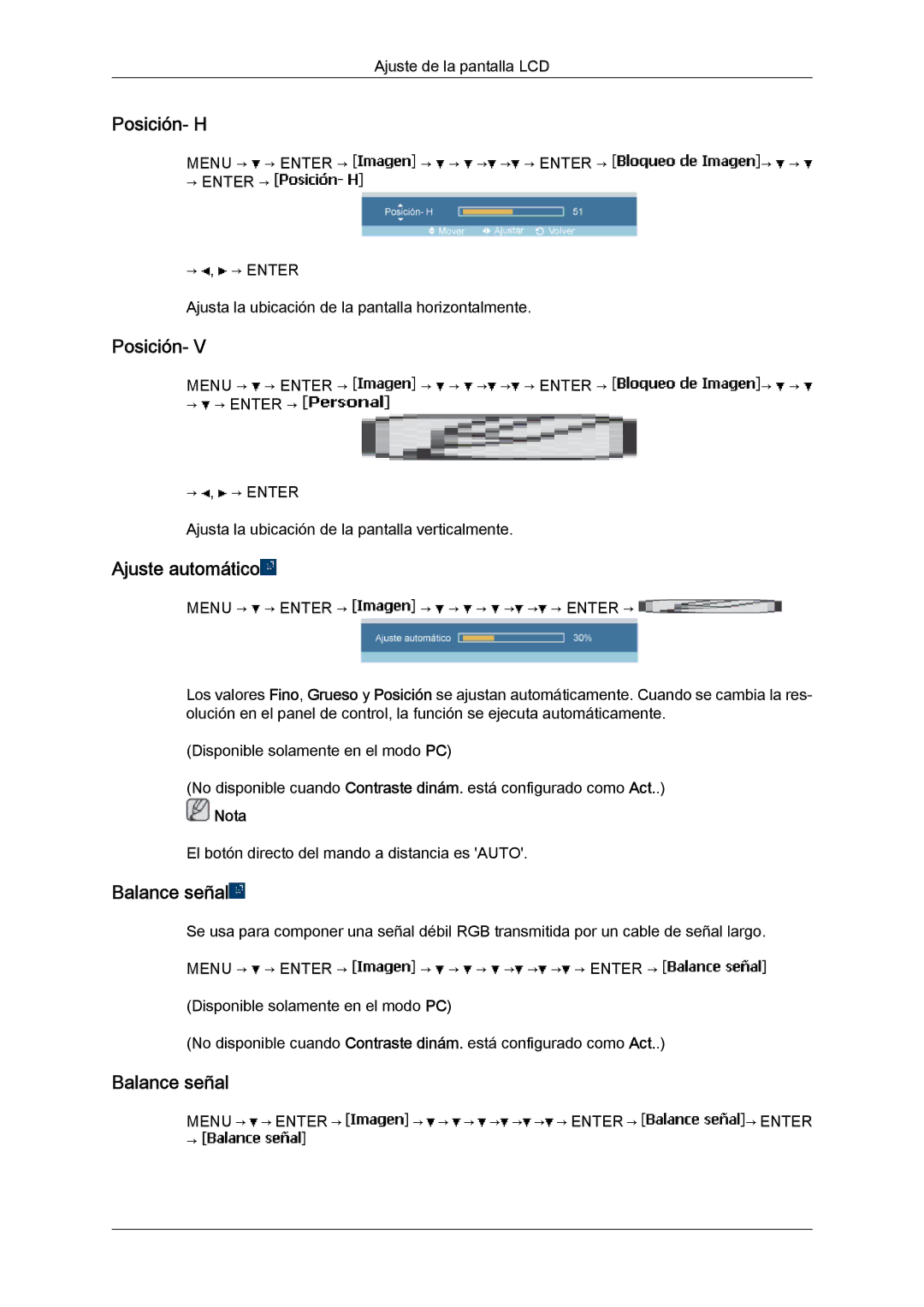 Samsung LH23PTTMBC/EN, LH23PTSMBC/EN, LH23PTRMBC/EN, LH23PTVMBC/EN manual Posición- H, Ajuste automático, Balance señal 