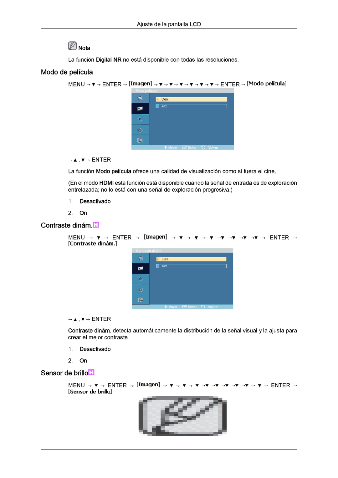 Samsung LH23PTVMBC/EN, LH23PTSMBC/EN, LH23PTRMBC/EN, LH23PTTMBC/EN manual Modo de película, Contraste dinám 