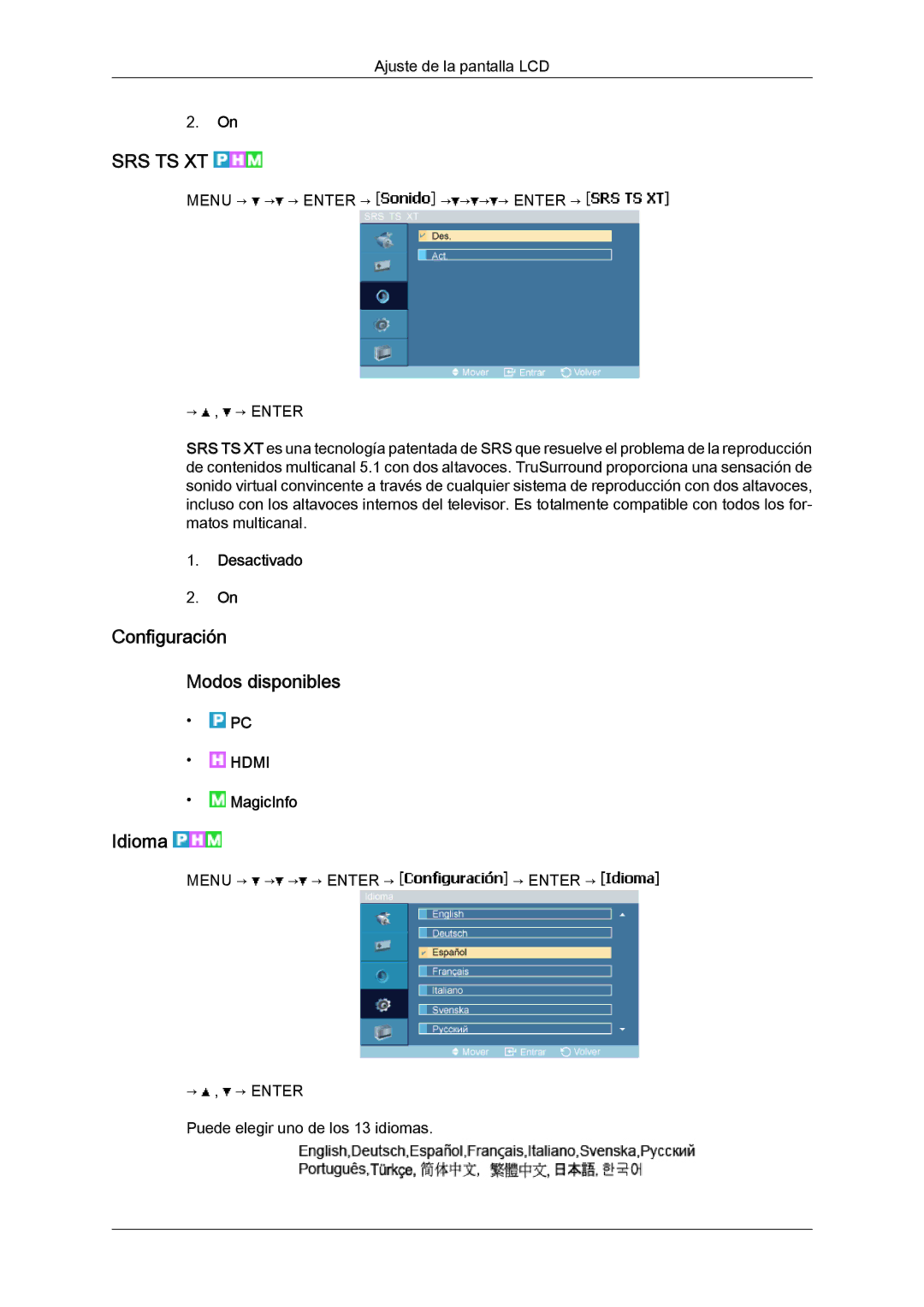 Samsung LH23PTRMBC/EN, LH23PTSMBC/EN, LH23PTVMBC/EN, LH23PTTMBC/EN manual Configuración Modos disponibles, Idioma 