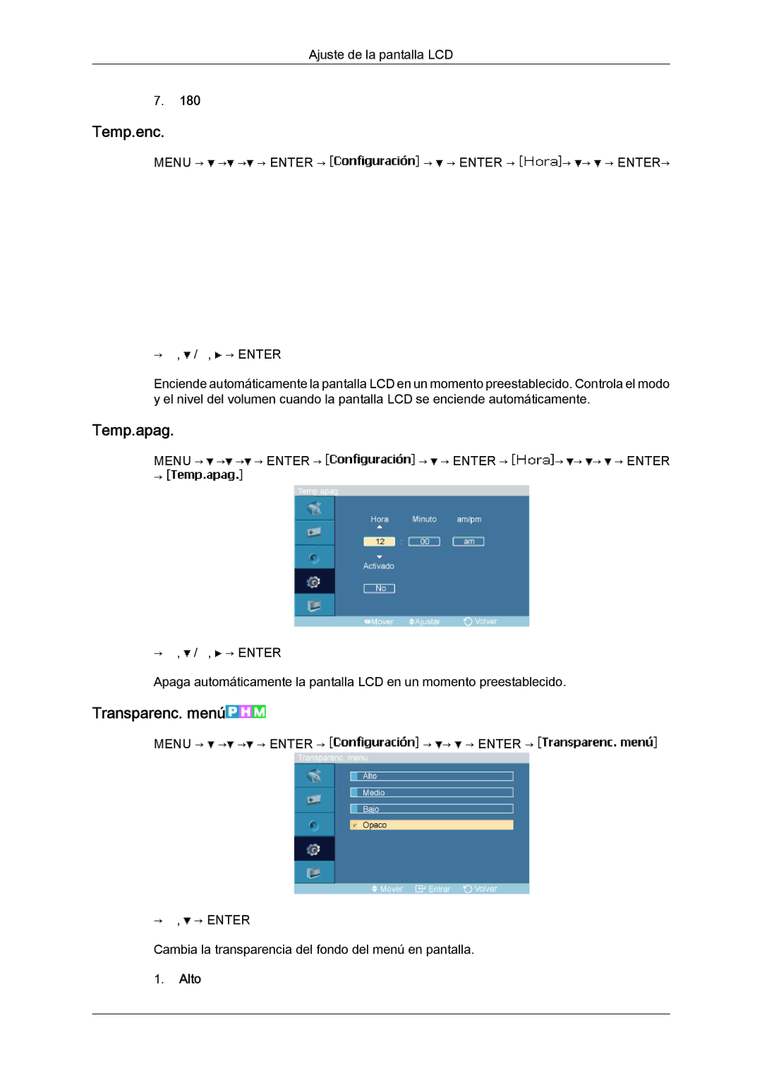 Samsung LH23PTTMBC/EN, LH23PTSMBC/EN, LH23PTRMBC/EN, LH23PTVMBC/EN manual Temp.enc, Temp.apag, Transparenc. menú, Alto 