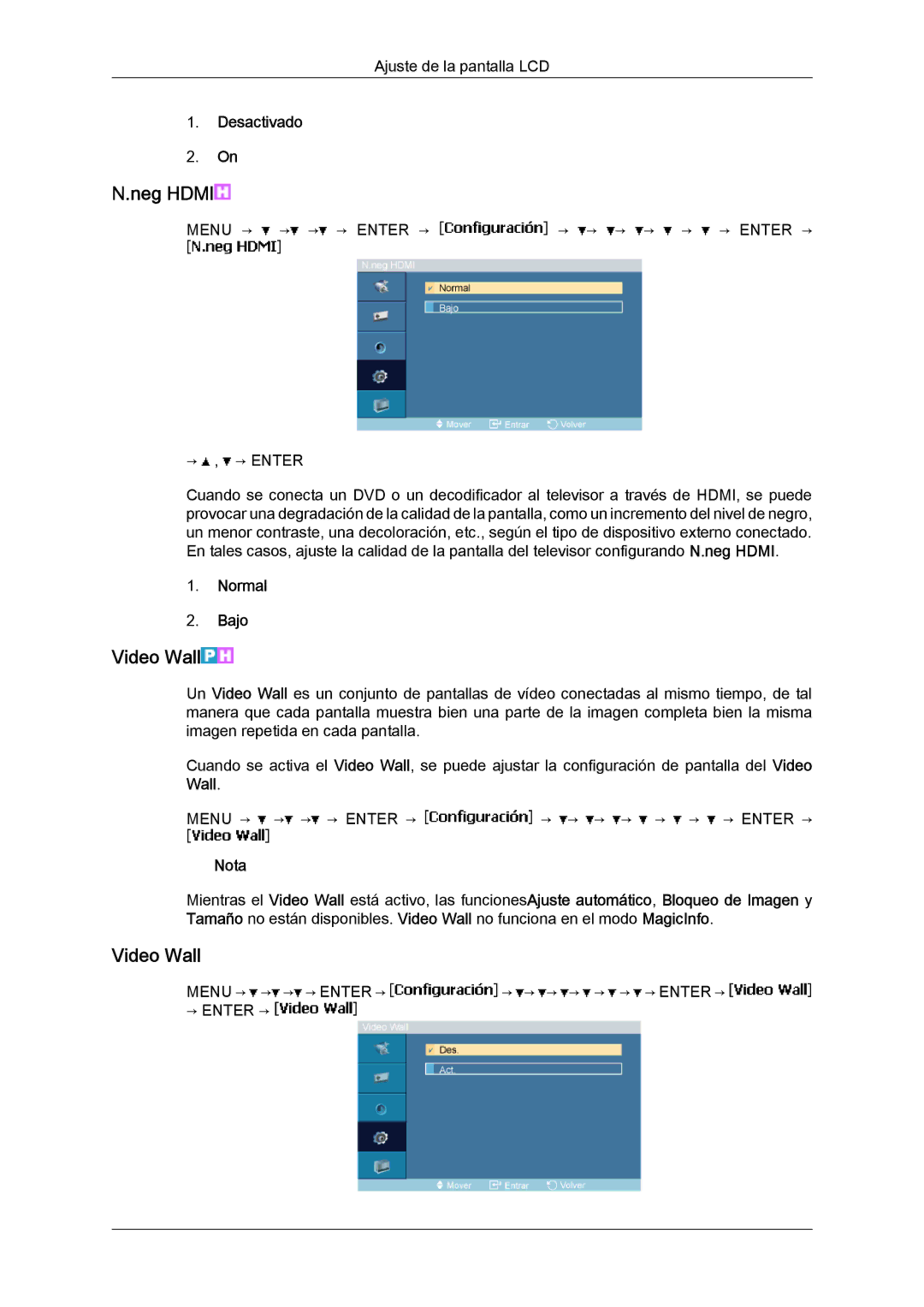 Samsung LH23PTRMBC/EN, LH23PTSMBC/EN, LH23PTVMBC/EN, LH23PTTMBC/EN manual Neg Hdmi, Video Wall, Normal Bajo 