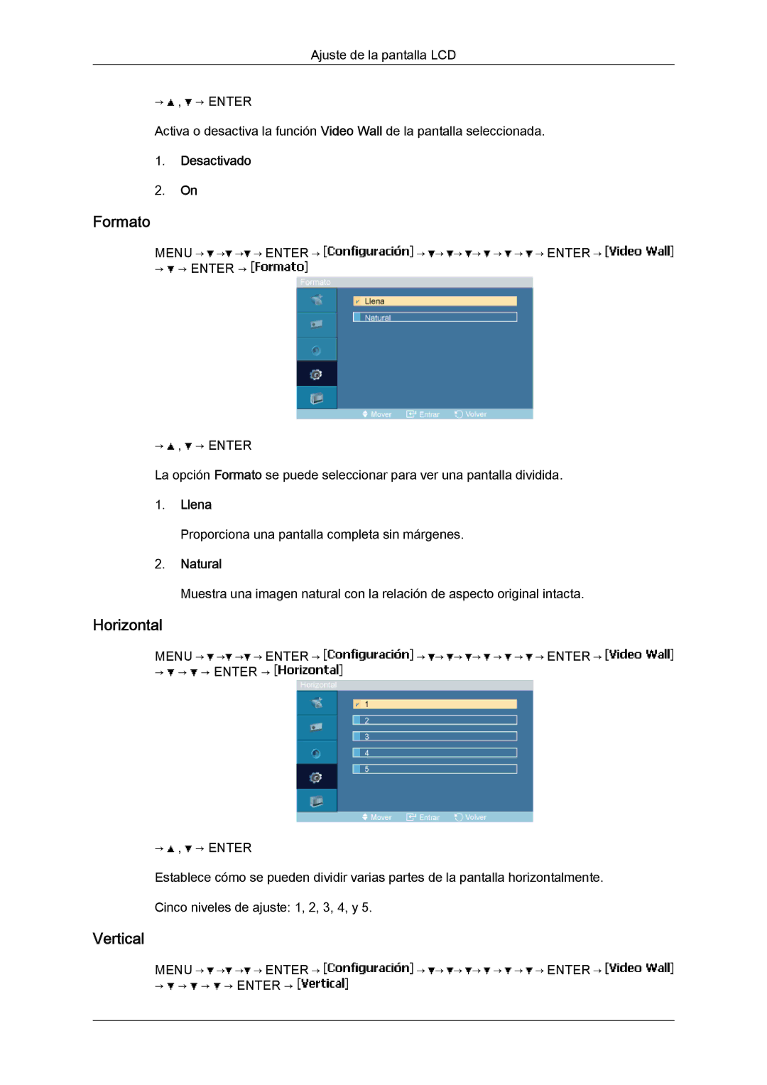 Samsung LH23PTVMBC/EN, LH23PTSMBC/EN, LH23PTRMBC/EN, LH23PTTMBC/EN manual Formato, Horizontal, Vertical, Llena, Natural 