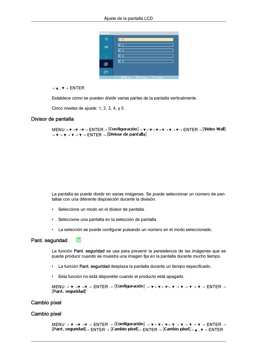 Samsung LH23PTTMBC/EN, LH23PTSMBC/EN, LH23PTRMBC/EN, LH23PTVMBC/EN manual Divisor de pantalla, Pant. seguridad, Cambio píxel 