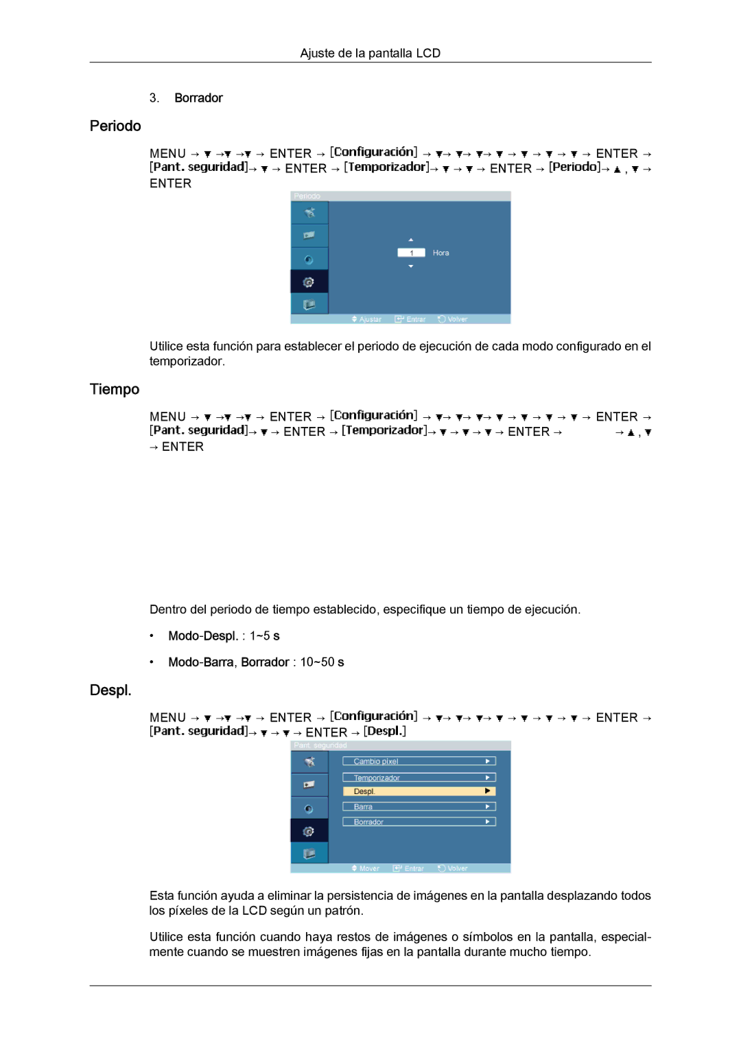 Samsung LH23PTVMBC/EN, LH23PTSMBC/EN, LH23PTRMBC/EN manual Periodo, Modo-Despl ~5 s Modo-Barra,Borrador 10~50 s 