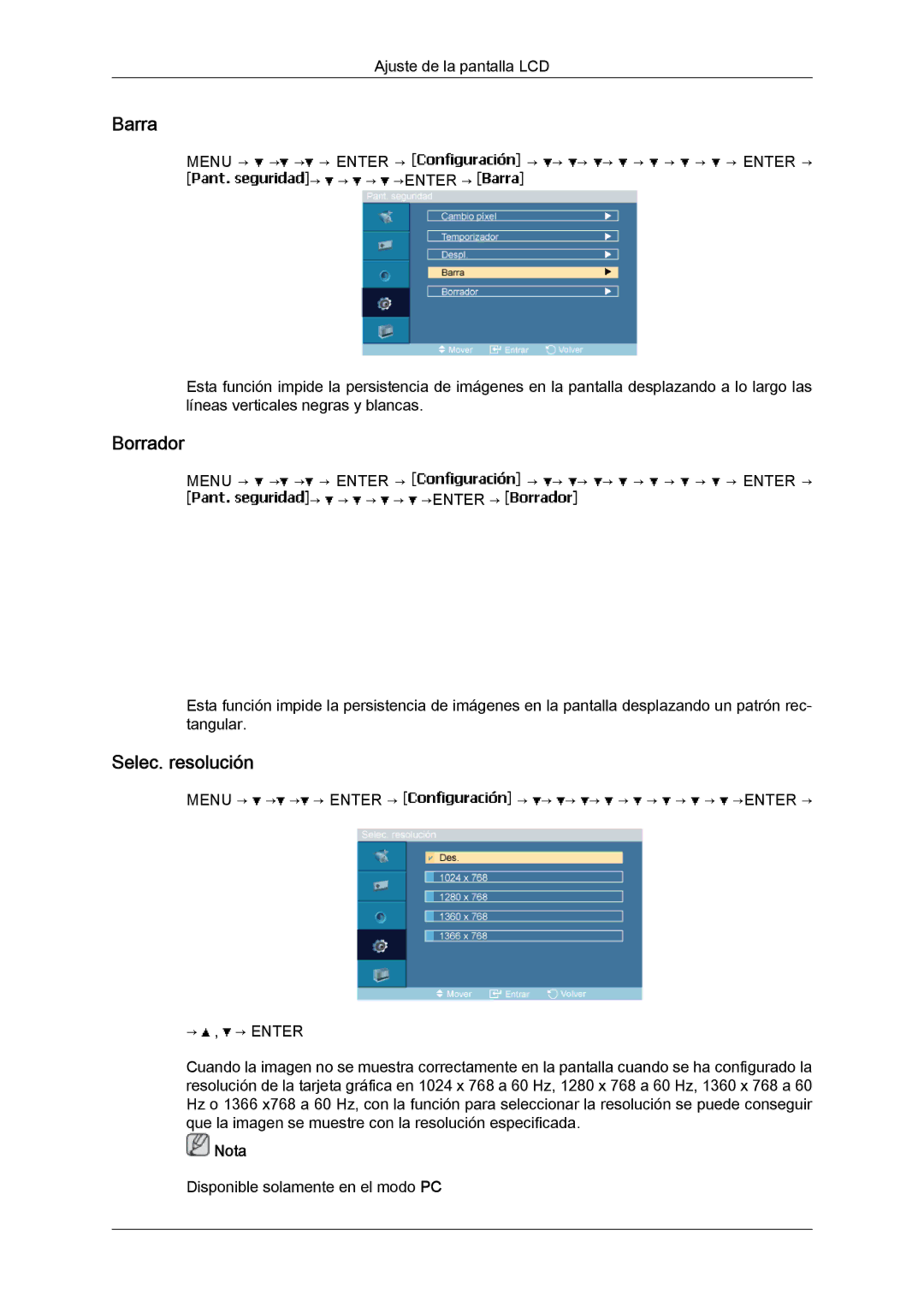 Samsung LH23PTTMBC/EN, LH23PTSMBC/EN, LH23PTRMBC/EN, LH23PTVMBC/EN manual Barra, Borrador, Selec. resolución 