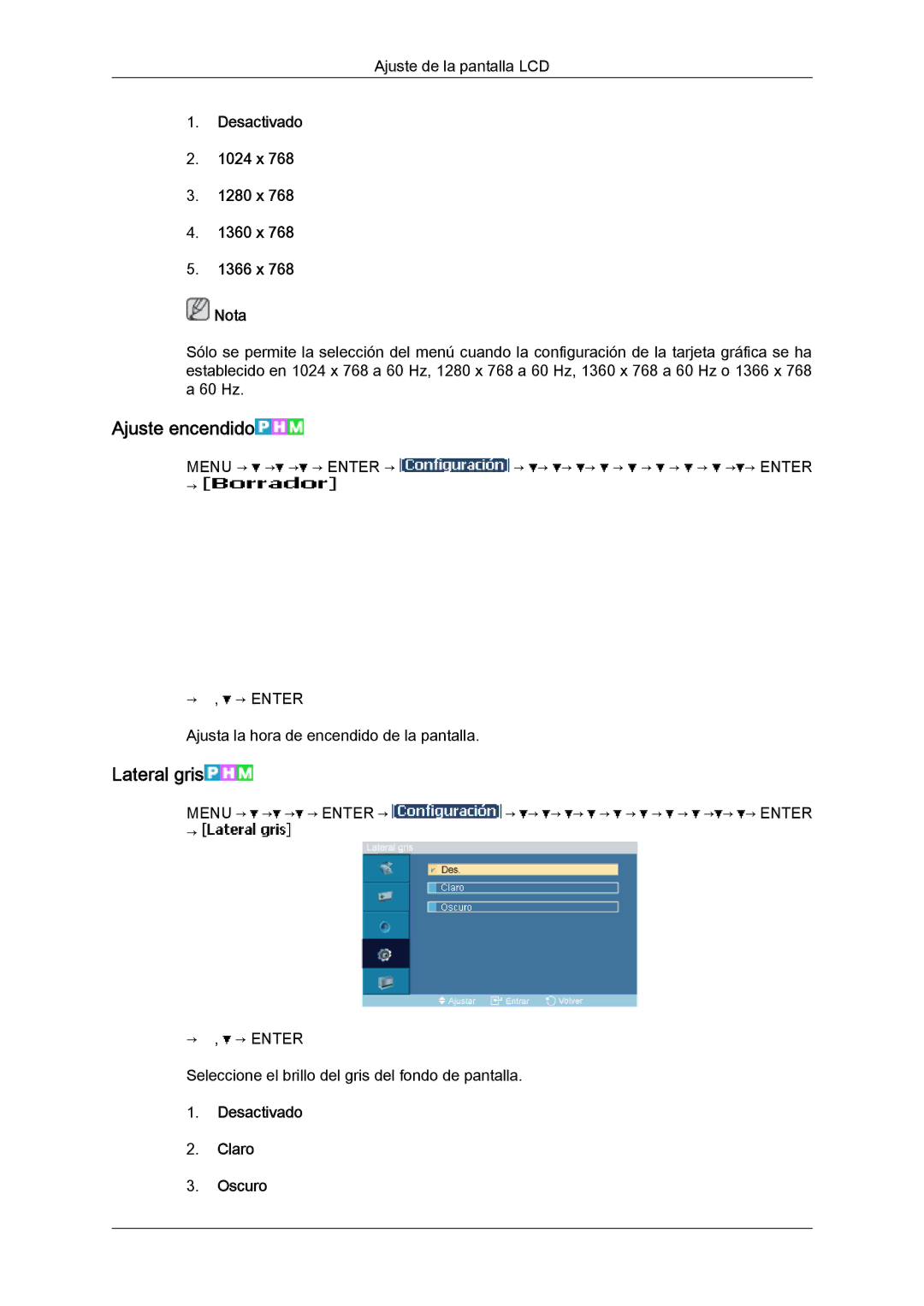 Samsung LH23PTSMBC/EN, LH23PTRMBC/EN manual Ajuste encendido, Lateral gris, Desactivado 1024 x 1280 x 1360 x 1366 x Nota 