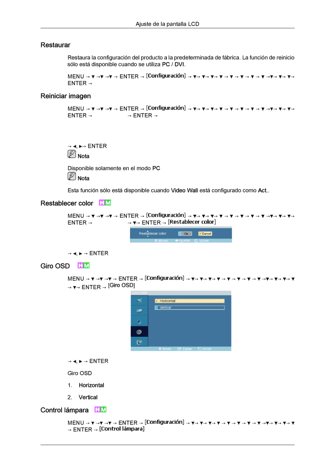 Samsung LH23PTRMBC/EN, LH23PTSMBC/EN manual Restaurar, Reiniciar imagen, Restablecer color, Giro OSD, Control lámpara 