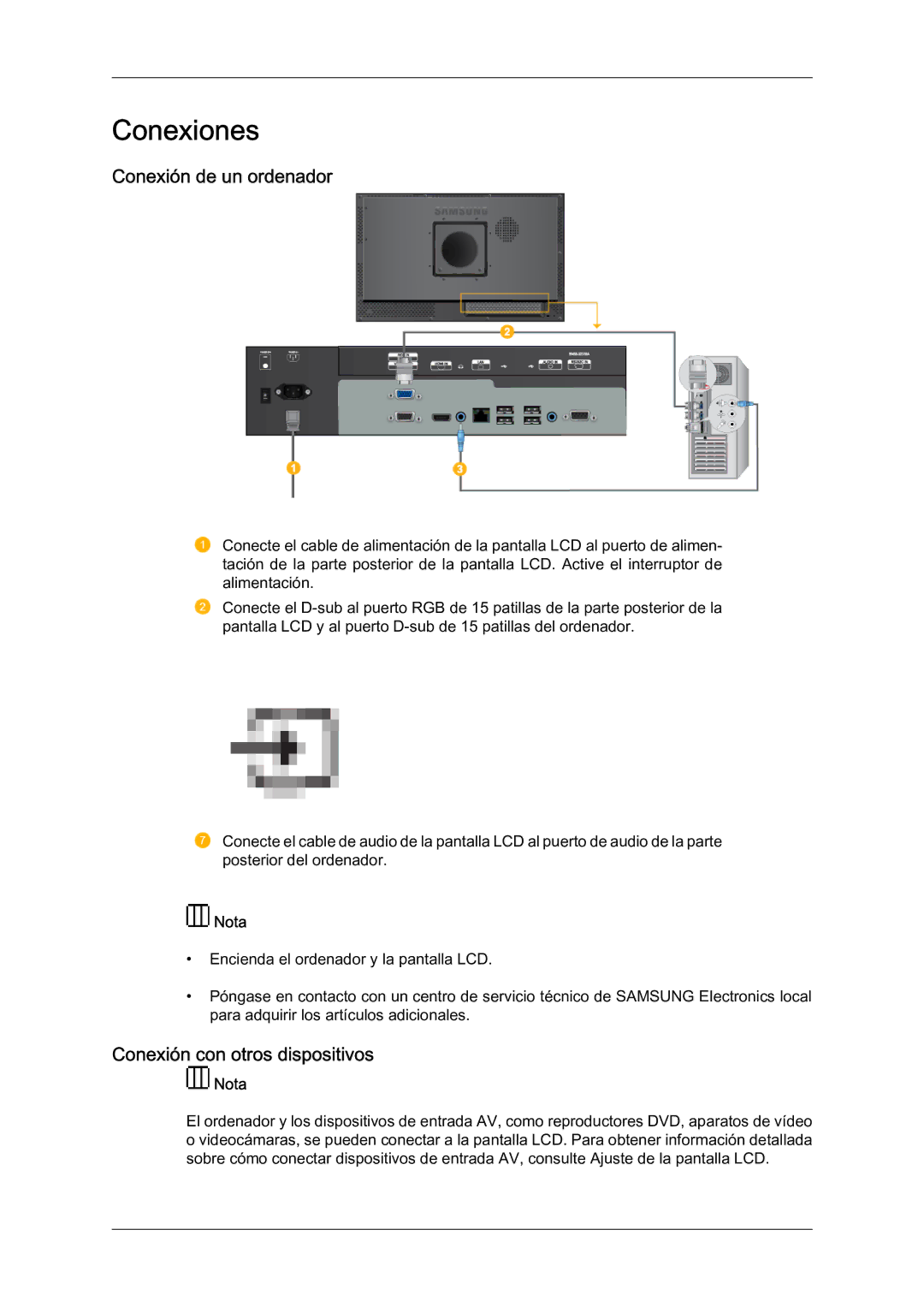 Samsung LH23PTTMBC/EN, LH23PTSMBC/EN, LH23PTRMBC/EN, LH23PTVMBC/EN Conexión de un ordenador, Conexión con otros dispositivos 