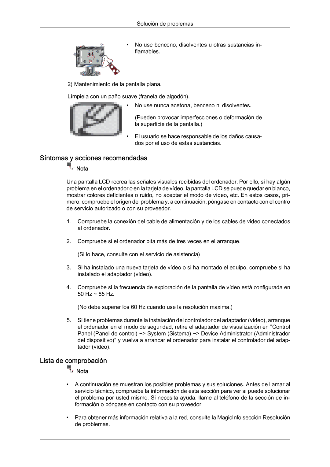 Samsung LH23PTSMBC/EN, LH23PTRMBC/EN, LH23PTVMBC/EN, LH23PTTMBC/EN Síntomas y acciones recomendadas, Lista de comprobación 