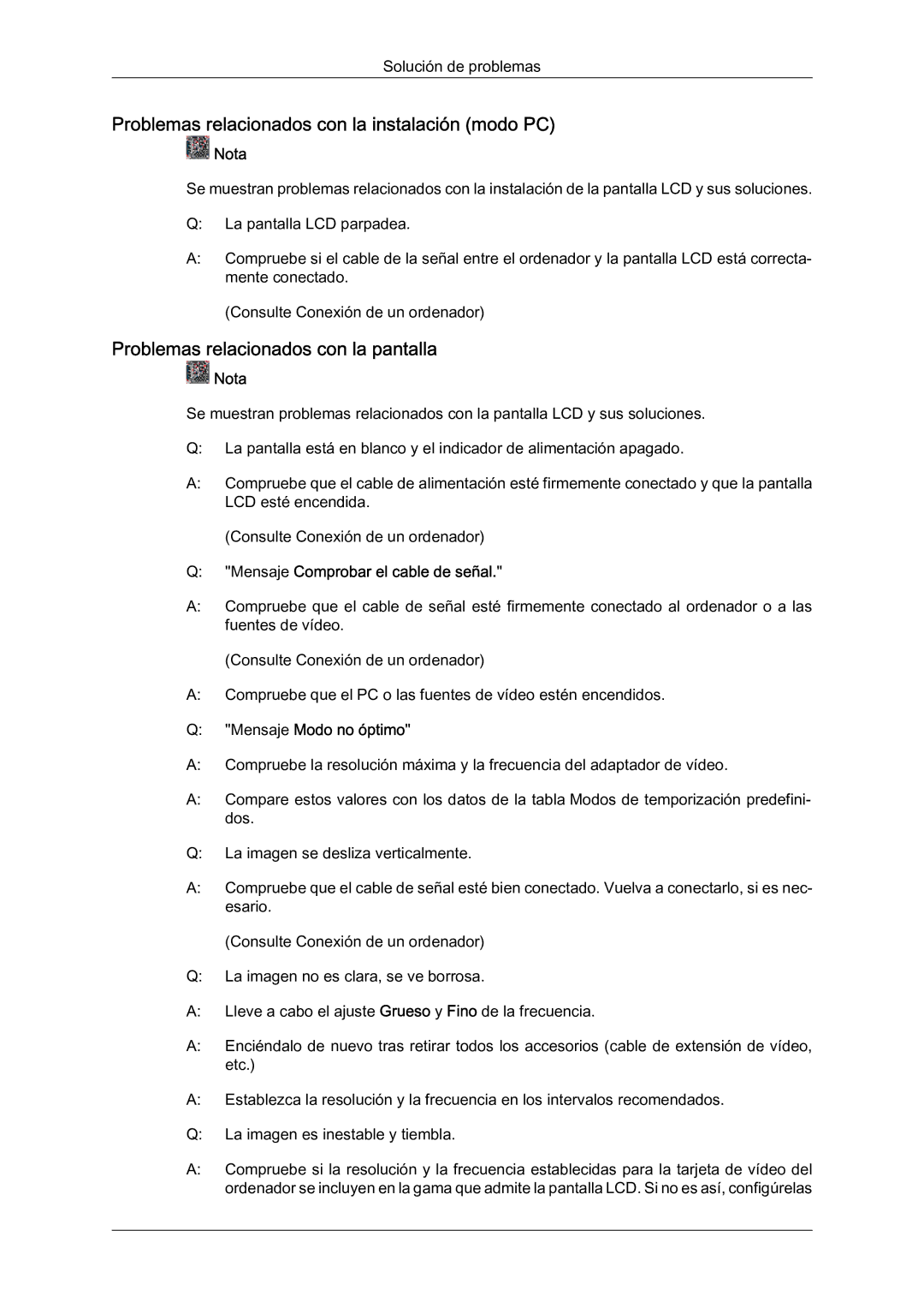 Samsung LH23PTRMBC/EN manual Problemas relacionados con la instalación modo PC, Problemas relacionados con la pantalla 