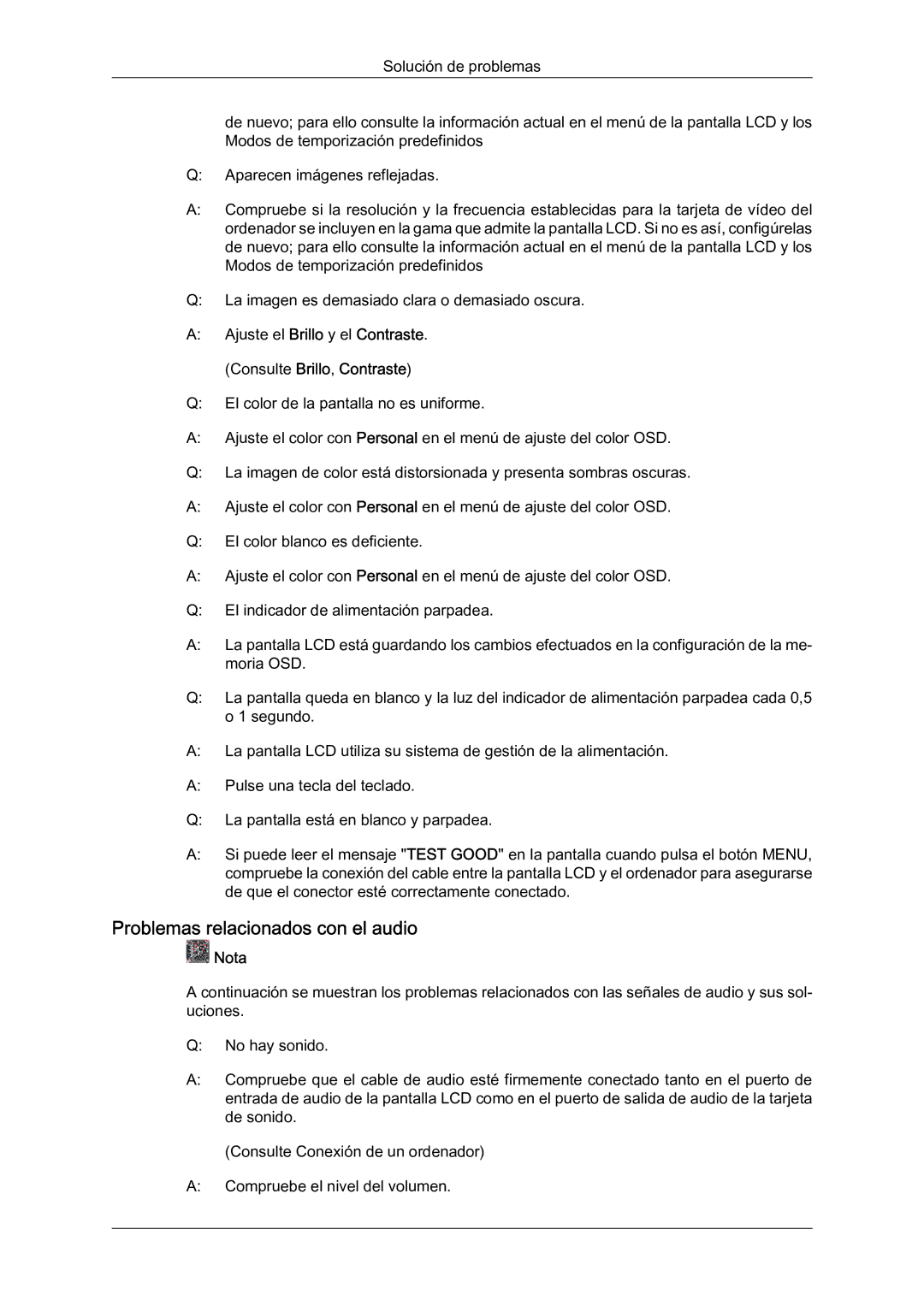 Samsung LH23PTVMBC/EN, LH23PTSMBC/EN, LH23PTRMBC/EN manual Problemas relacionados con el audio, Consulte Brillo, Contraste 