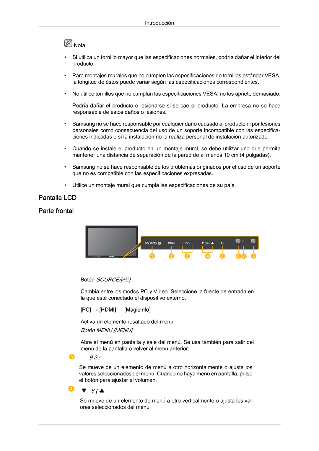 Samsung LH23PTSMBC/EN, LH23PTRMBC/EN, LH23PTVMBC/EN, LH23PTTMBC/EN manual Pantalla LCD Parte frontal, PC → Hdmi → MagicInfo 