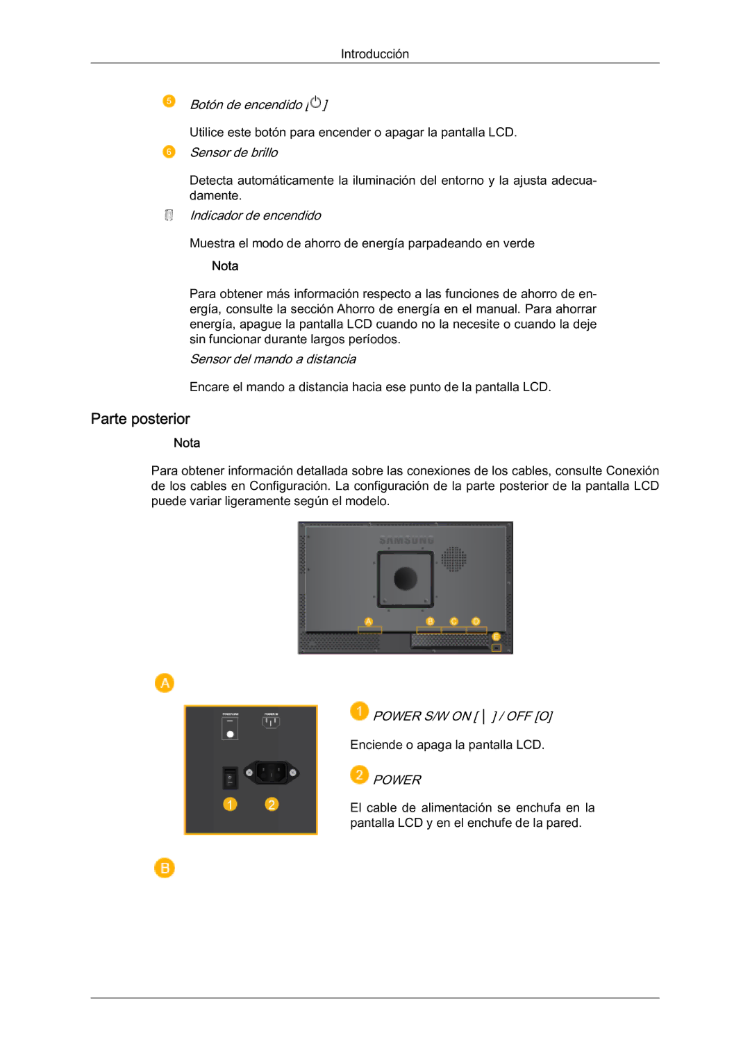 Samsung LH23PTRMBC/EN, LH23PTSMBC/EN, LH23PTVMBC/EN, LH23PTTMBC/EN manual Parte posterior, Power 