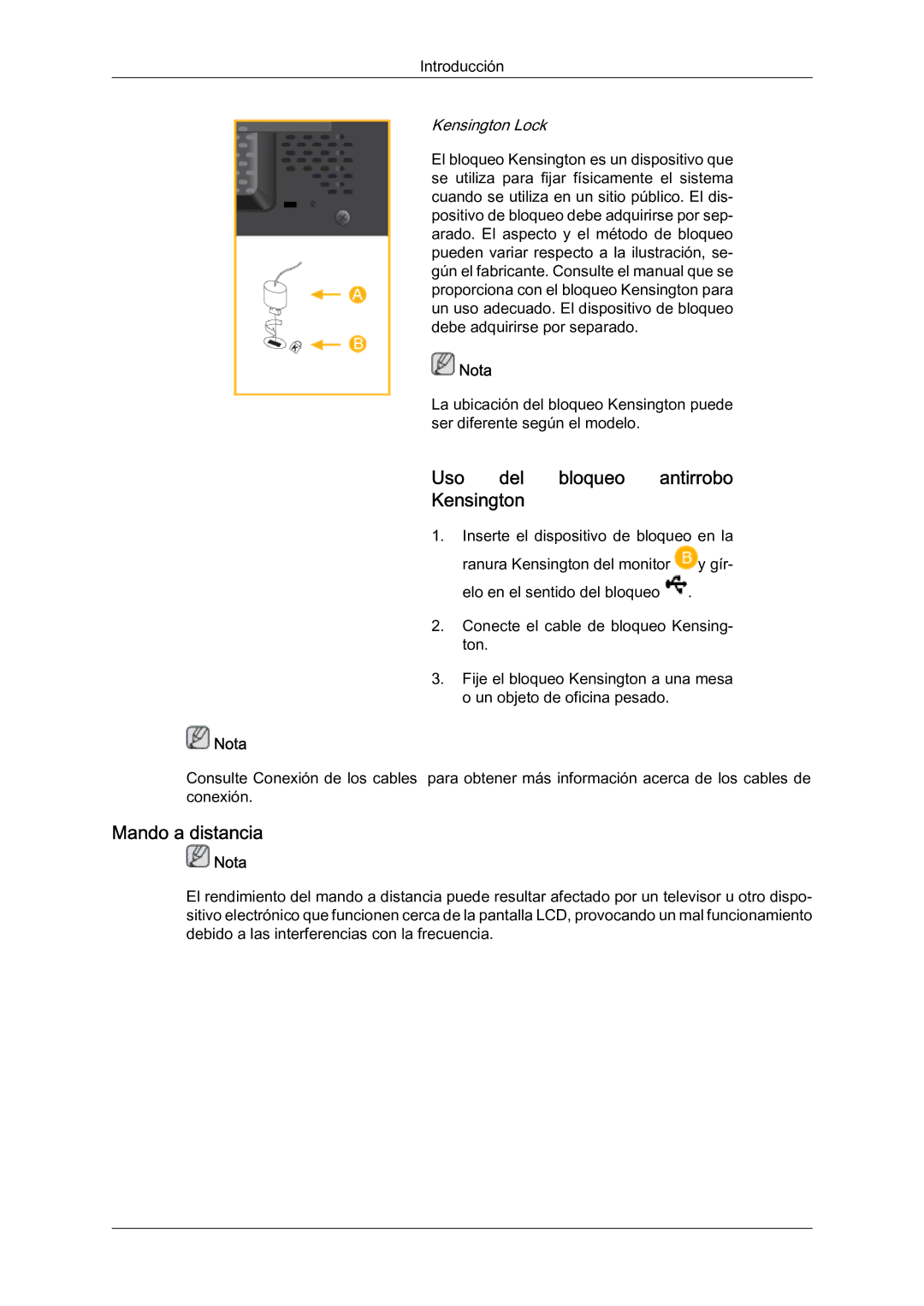 Samsung LH23PTTMBC/EN, LH23PTSMBC/EN, LH23PTRMBC/EN, LH23PTVMBC/EN Uso del bloqueo antirrobo Kensington, Mando a distancia 