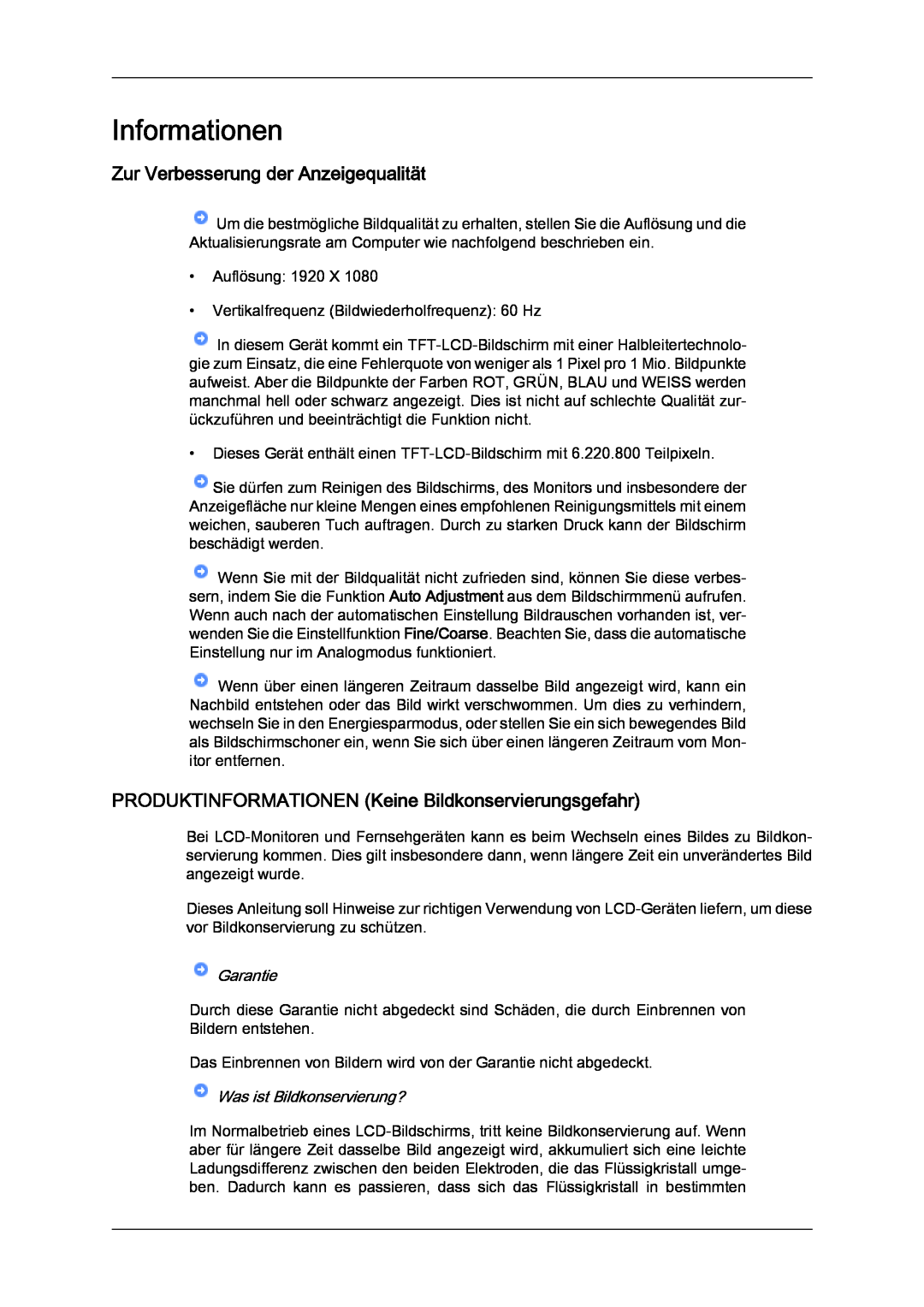 Samsung LH23PTTMBC/EN manual Informationen, Zur Verbesserung der Anzeigequalität, Garantie, Was ist Bildkonservierung? 