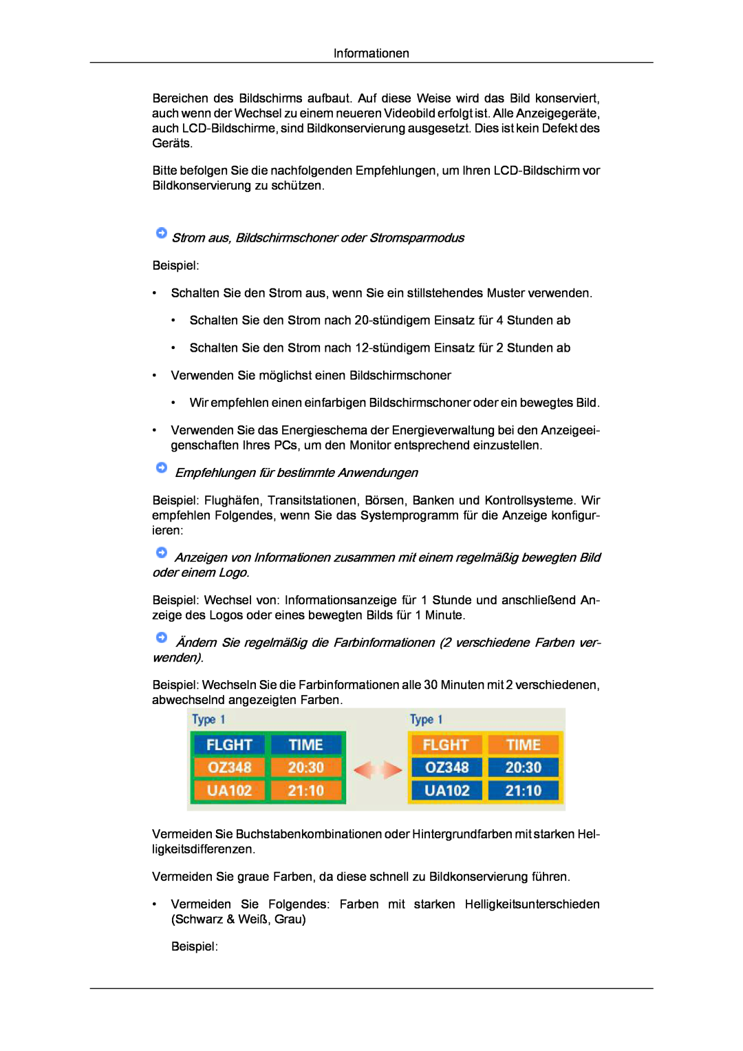 Samsung LH23PTSMBC/EN manual Strom aus, Bildschirmschoner oder Stromsparmodus, Empfehlungen für bestimmte Anwendungen 