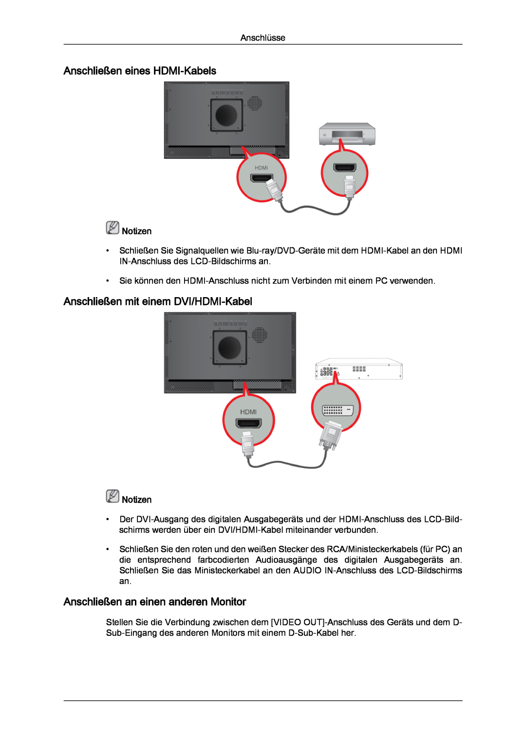Samsung LH23PTRMBC/EN, LH23PTSMBC/EN manual Anschließen eines HDMI-Kabels, Anschließen mit einem DVI/HDMI-Kabel, Notizen 