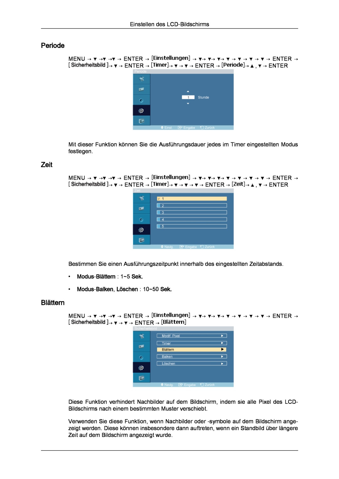 Samsung LH23PTSMBC/EN, LH23PTRMBC/EN manual Periode, Modus-Blättern 1~5 Sek Modus-Balken, Löschen 10~50 Sek, Zeit 