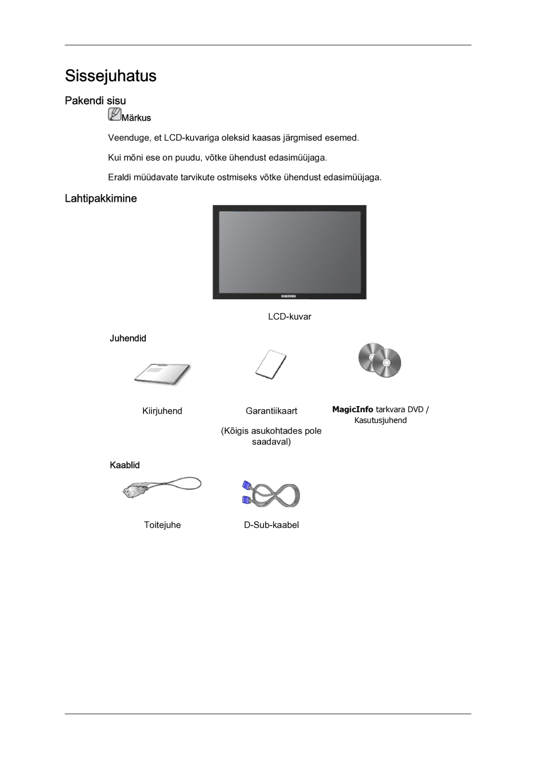 Samsung LH23PTSMBC/EN manual Pakendi sisu, Lahtipakkimine, Juhendid, Kaablid 