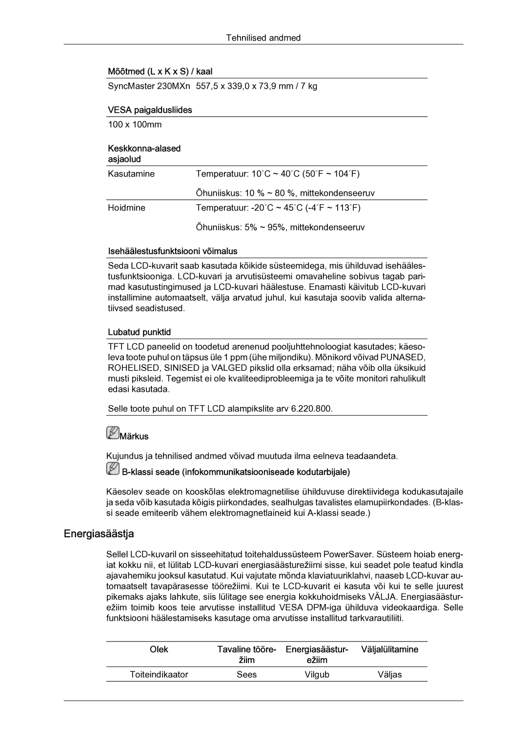 Samsung LH23PTSMBC/EN manual Energiasäästja 