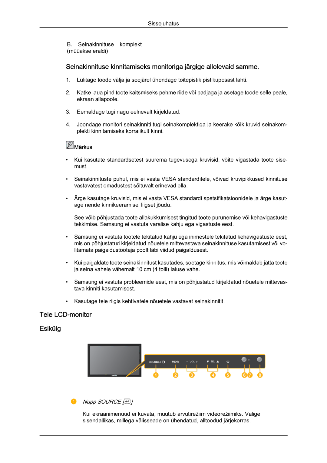 Samsung LH23PTSMBC/EN manual Teie LCD-monitor Esikülg, Nupp Source 