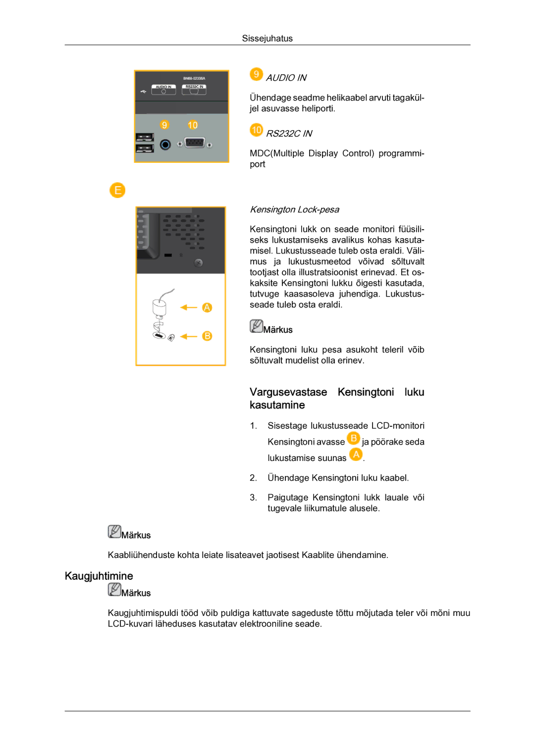 Samsung LH23PTSMBC/EN manual Vargusevastase Kensingtoni luku kasutamine, Kaugjuhtimine 