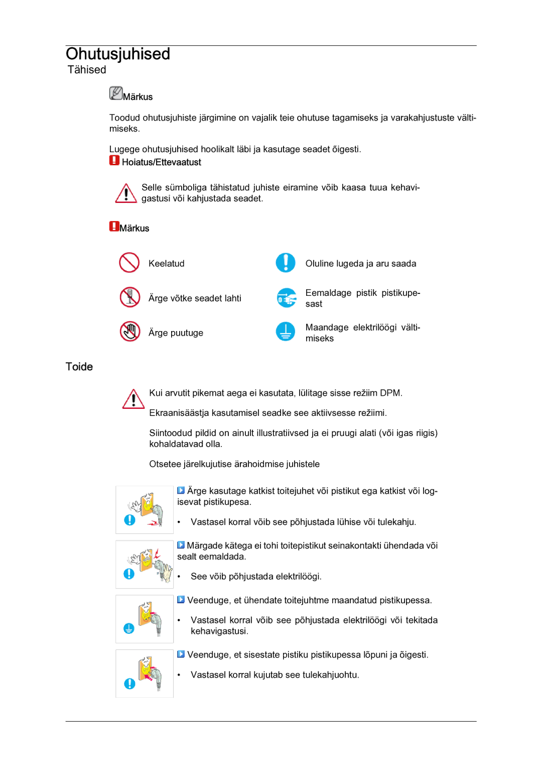 Samsung LH23PTSMBC/EN manual Toide, Märkus, Hoiatus/Ettevaatust 
