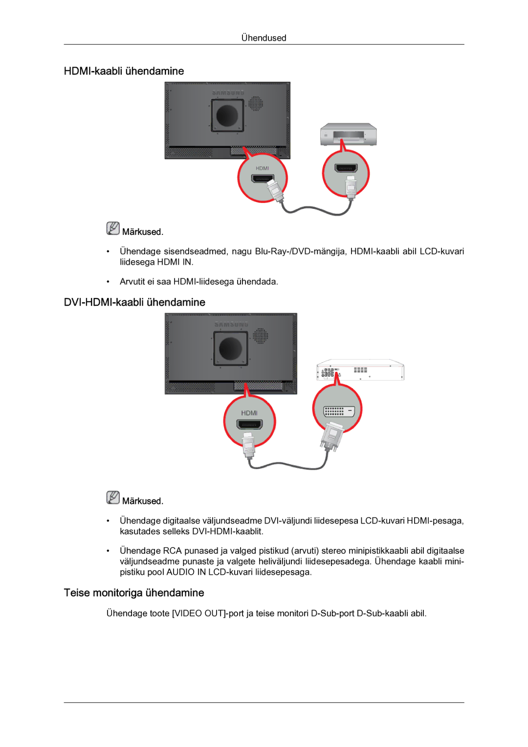 Samsung LH23PTSMBC/EN manual DVI-HDMI-kaabli ühendamine, Teise monitoriga ühendamine 