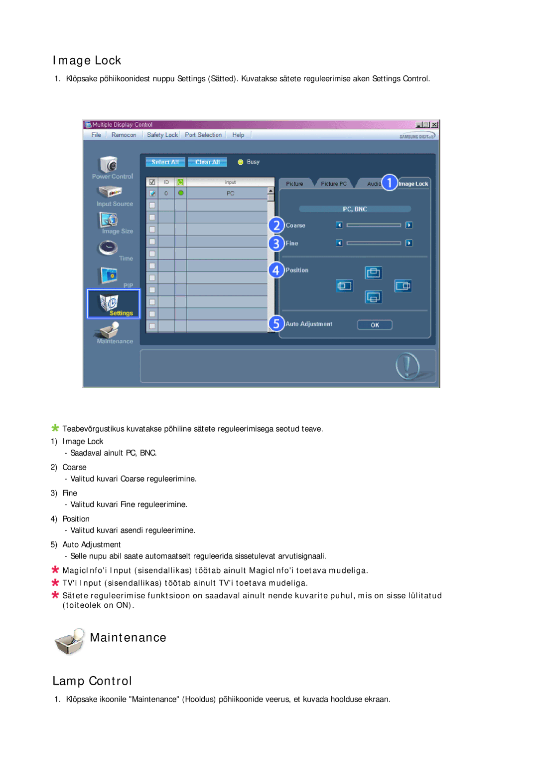 Samsung LH23PTSMBC/EN manual Image Lock, Maintenance Lamp Control 