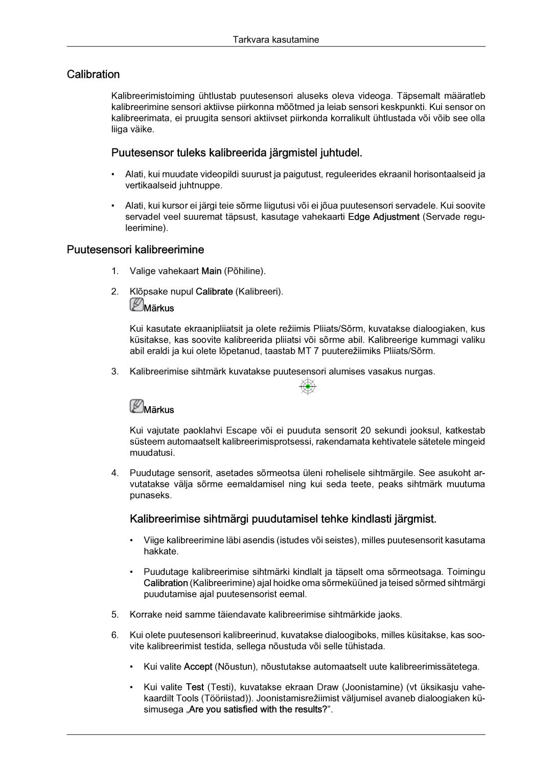 Samsung LH23PTSMBC/EN manual Calibration, Puutesensor tuleks kalibreerida järgmistel juhtudel, Puutesensori kalibreerimine 