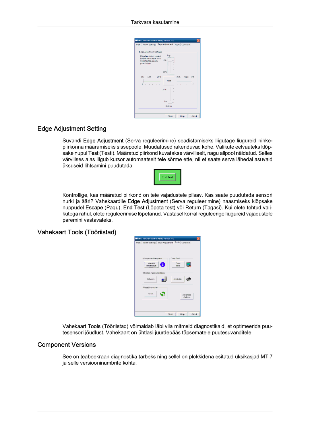 Samsung LH23PTSMBC/EN manual Edge Adjustment Setting, Vahekaart Tools Tööriistad, Component Versions 
