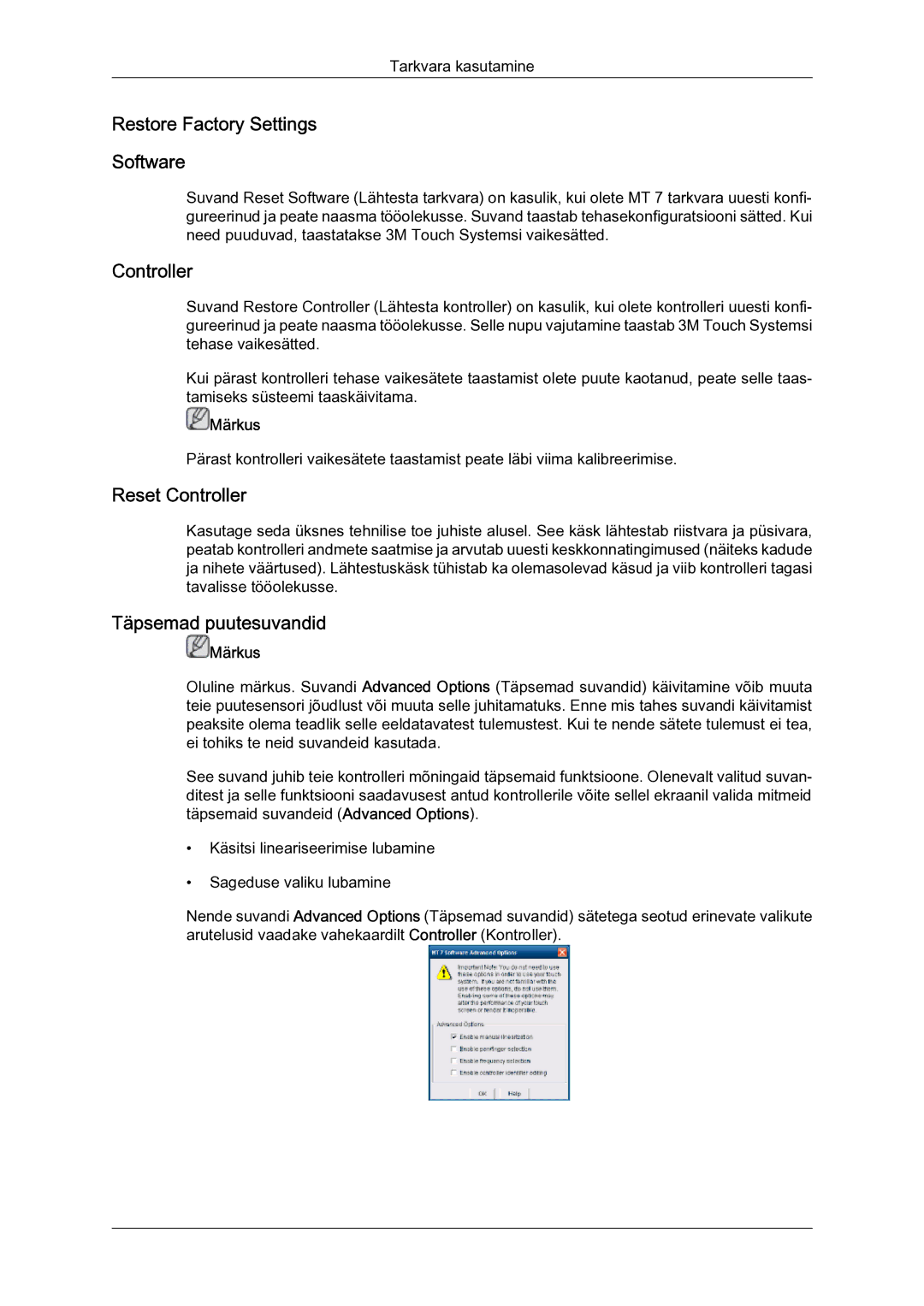 Samsung LH23PTSMBC/EN manual Restore Factory Settings Software, Reset Controller, Täpsemad puutesuvandid 