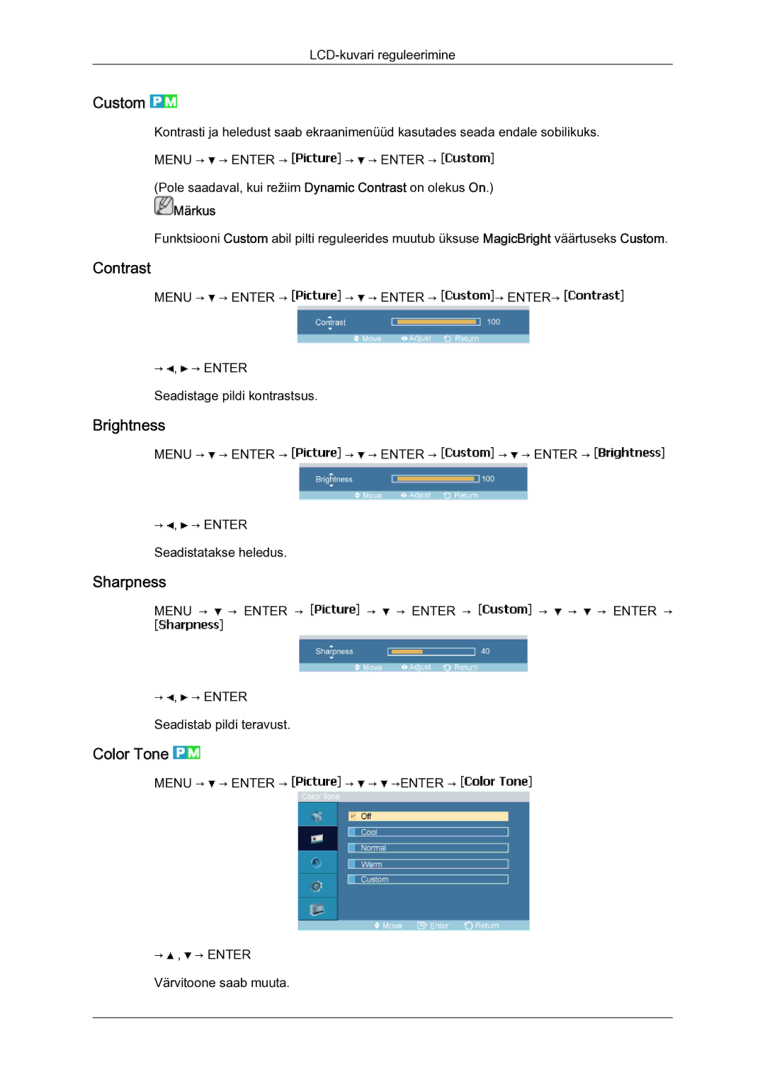 Samsung LH23PTSMBC/EN manual Custom, Contrast, Brightness, Sharpness, Color Tone 