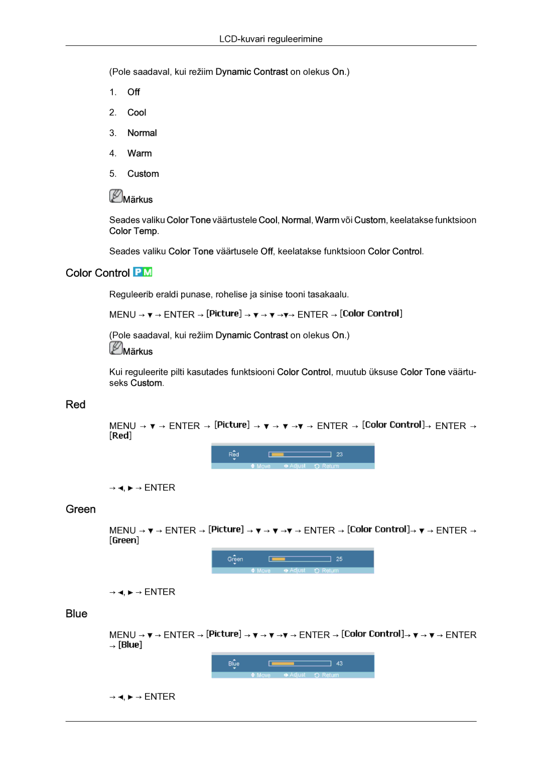 Samsung LH23PTSMBC/EN manual Color Control, Red, Green, Blue, Off Cool Normal Warm Custom Märkus 