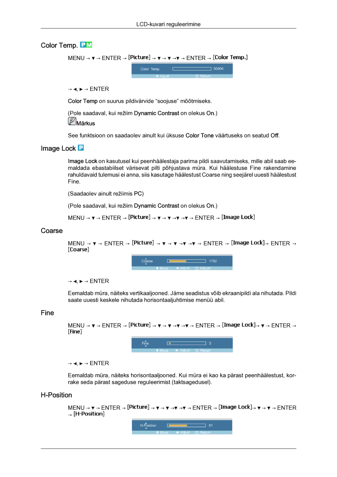 Samsung LH23PTSMBC/EN manual Color Temp, Image Lock, Coarse, Fine, Position 