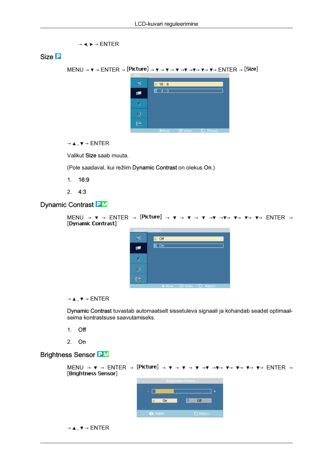 Samsung LH23PTSMBC/EN manual Size, Dynamic Contrast, Brightness Sensor, Off 
