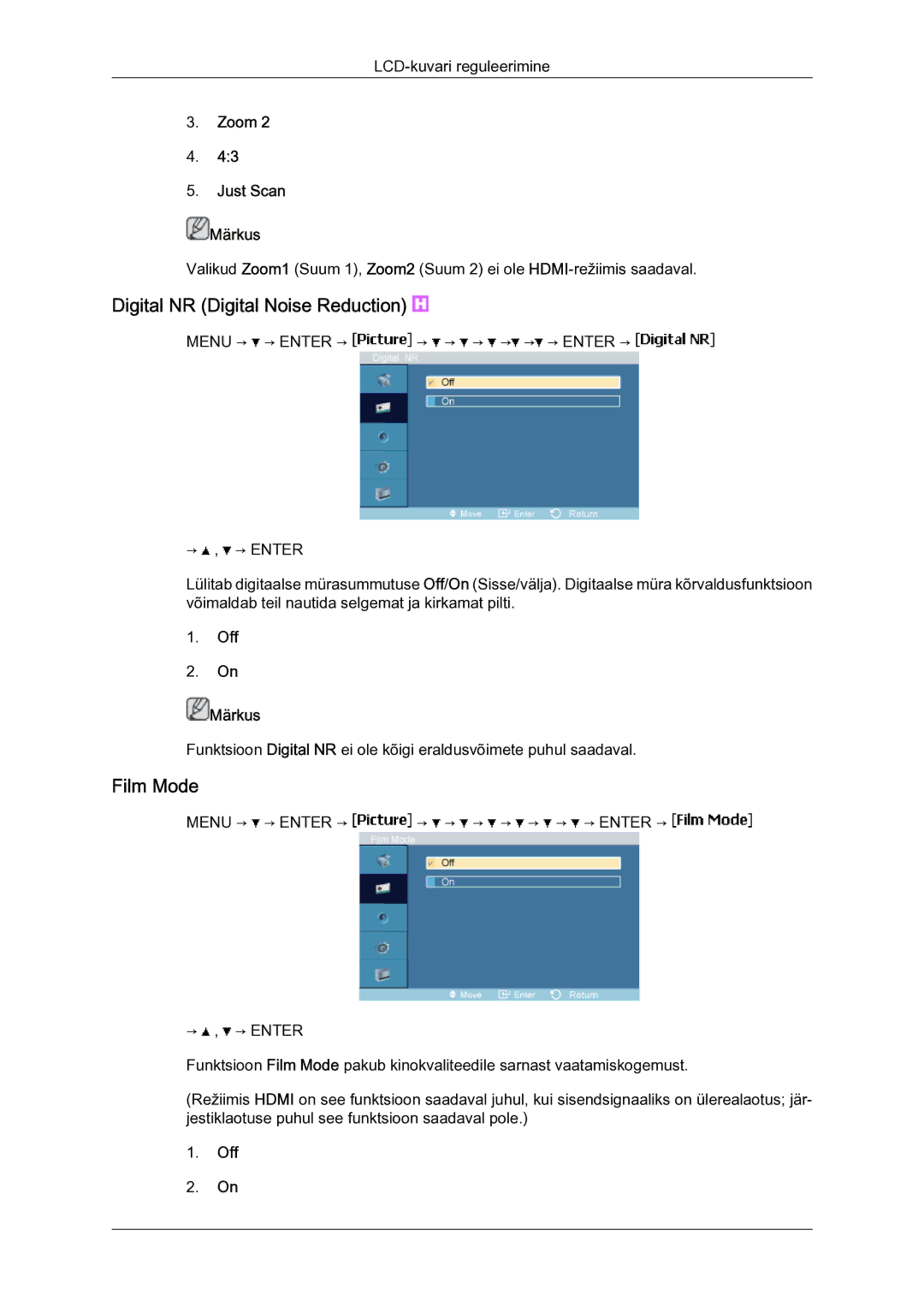 Samsung LH23PTSMBC/EN manual Digital NR Digital Noise Reduction, Film Mode, Zoom Just Scan Märkus, Off Märkus 