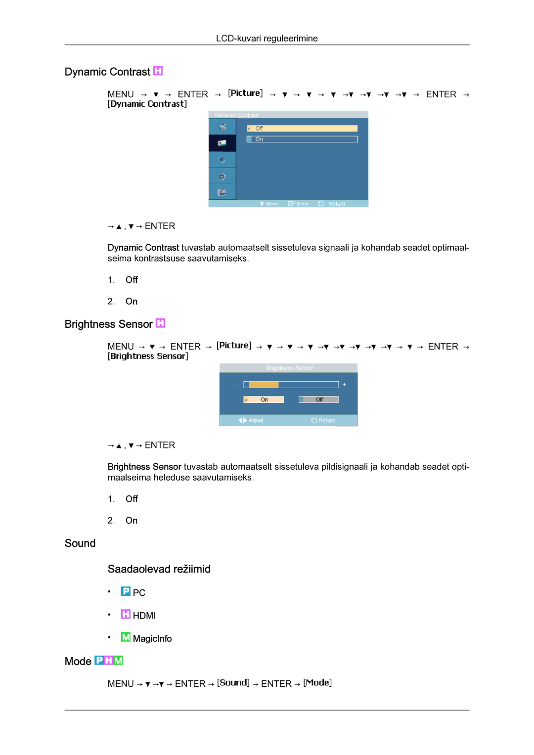 Samsung LH23PTSMBC/EN manual Dynamic Contrast, Sound Saadaolevad režiimid 