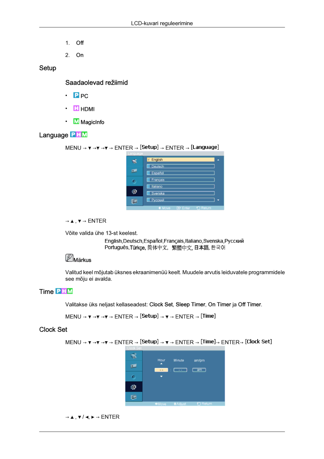 Samsung LH23PTSMBC/EN manual Setup Saadaolevad režiimid, Language, Time, Clock Set 