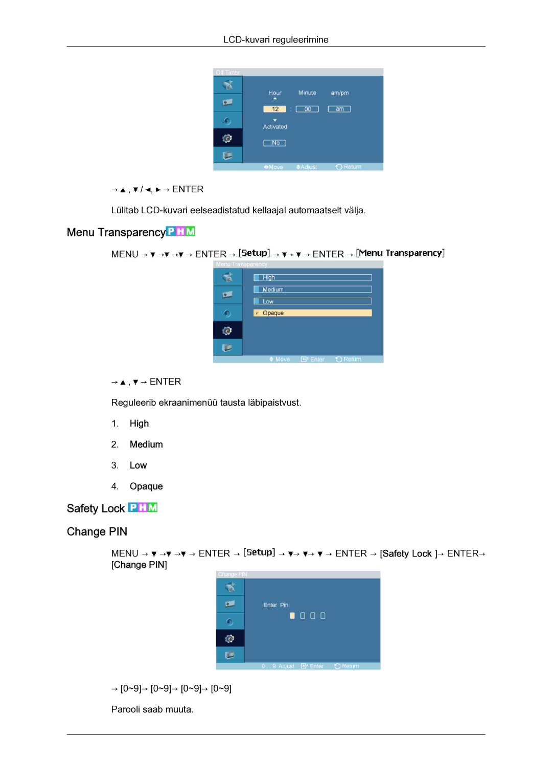 Samsung LH23PTSMBC/EN manual Menu Transparency, Safety Lock Change PIN, High Medium Low Opaque 