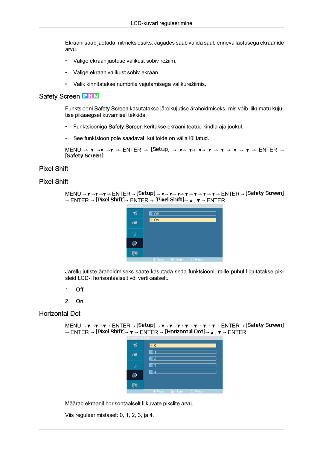 Samsung LH23PTSMBC/EN manual Safety Screen, Pixel Shift, Horizontal Dot 