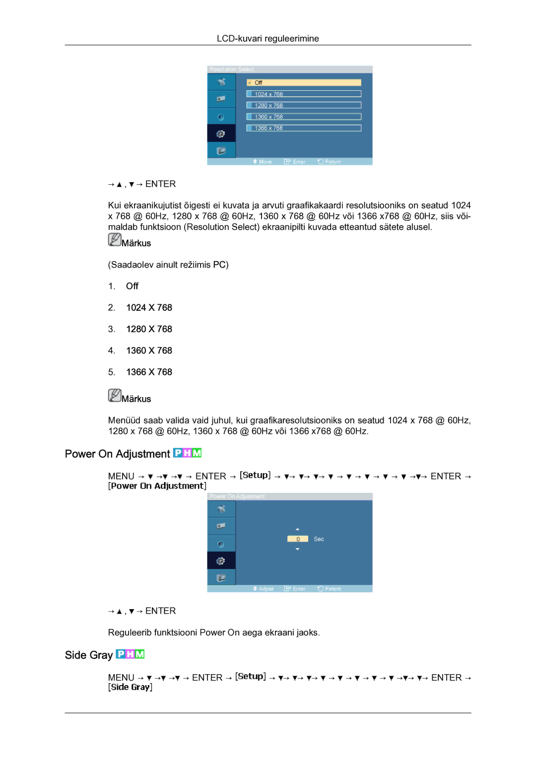 Samsung LH23PTSMBC/EN manual Power On Adjustment, Side Gray, Off 1024 X 1280 X 1360 X 1366 X Märkus 