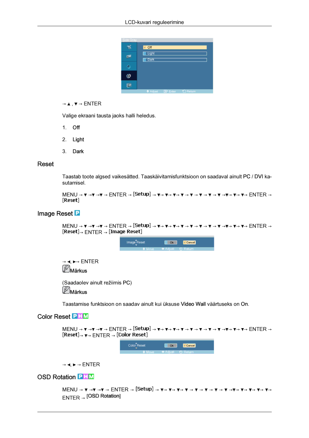 Samsung LH23PTSMBC/EN manual Image Reset, Color Reset, OSD Rotation, Off Light Dark 