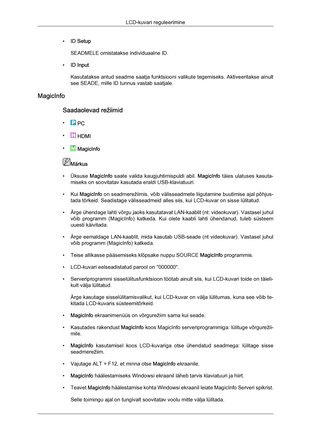 Samsung LH23PTSMBC/EN manual MagicInfo Saadaolevad režiimid, ID Setup, ID Input 