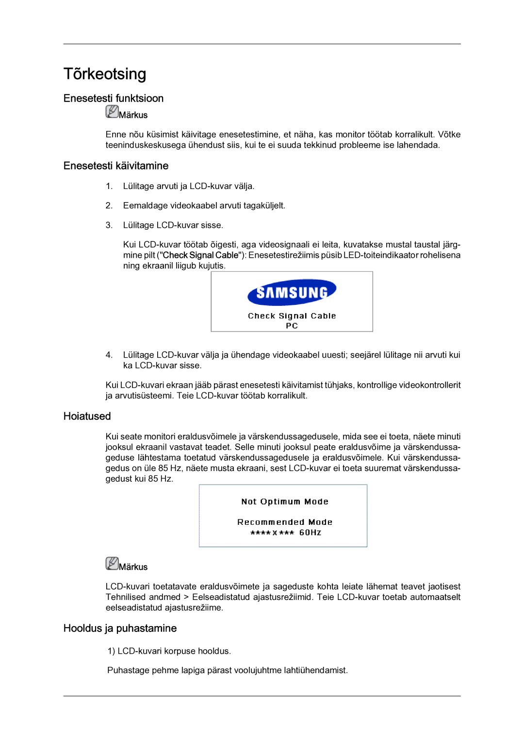 Samsung LH23PTSMBC/EN manual Enesetesti funktsioon, Enesetesti käivitamine, Hoiatused, Hooldus ja puhastamine 