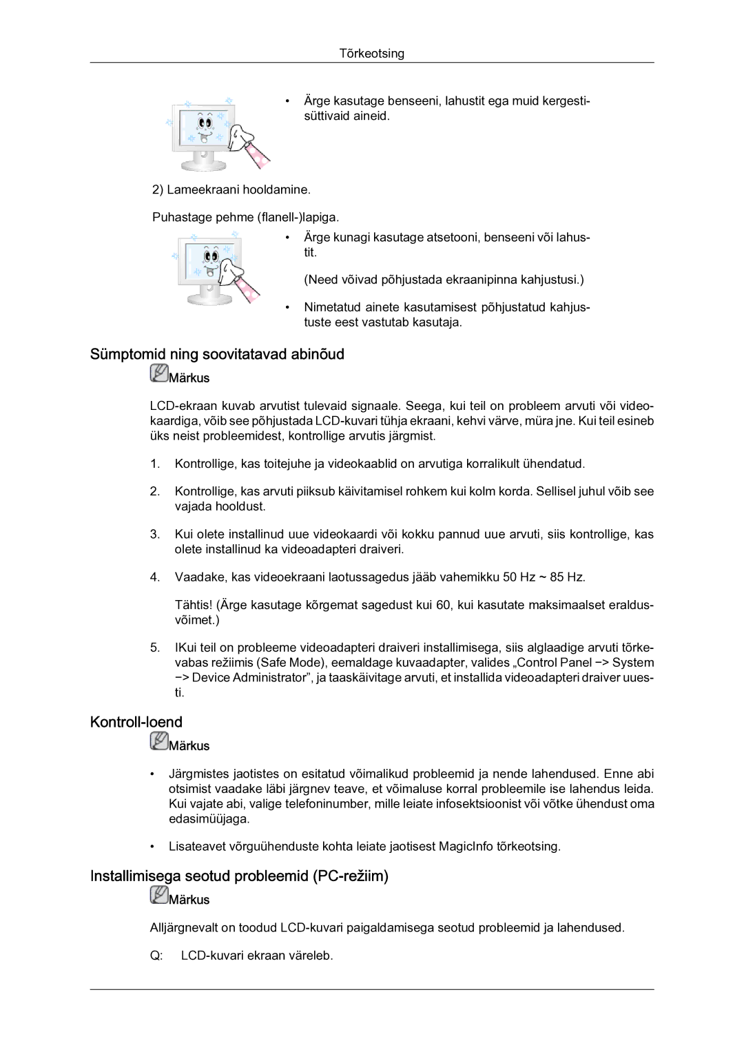 Samsung LH23PTSMBC/EN Sümptomid ning soovitatavad abinõud, Kontroll-loend, Installimisega seotud probleemid PC-režiim 
