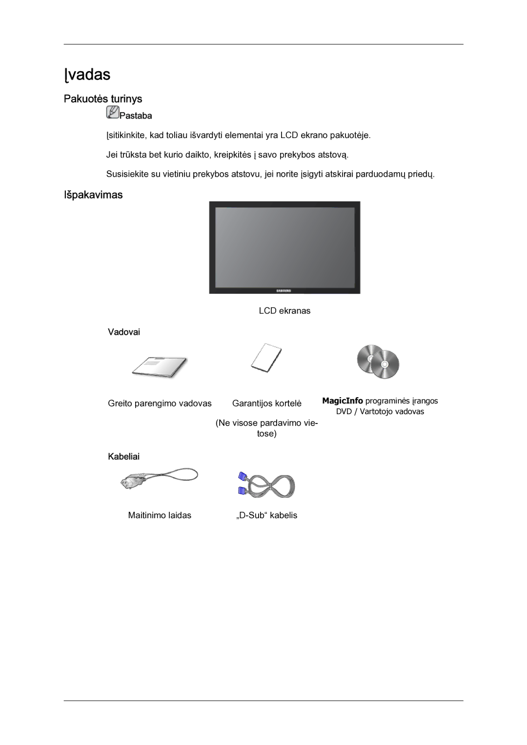 Samsung LH23PTSMBC/EN manual Pakuotės turinys, Išpakavimas, Vadovai, Kabeliai 