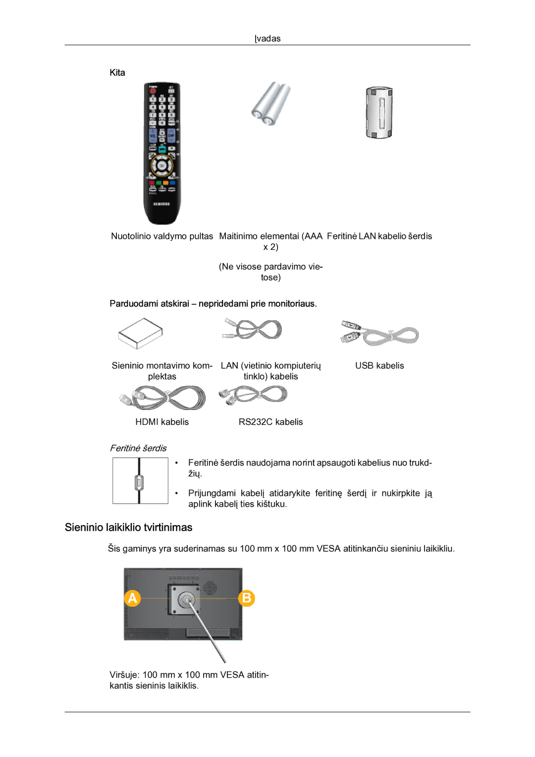 Samsung LH23PTSMBC/EN manual Sieninio laikiklio tvirtinimas, Kita, Parduodami atskirai nepridedami prie monitoriaus 